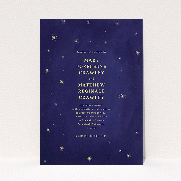 A wedding invite card called "Sky at night". It is an A5 invite in a portrait orientation. "Sky at night" is available as a flat invite, with tones of dark blue and yellow.