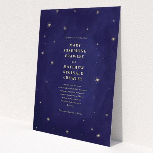 A wedding invite card called 'Sky at night'. It is an A5 invite in a portrait orientation. 'Sky at night' is available as a flat invite, with tones of dark blue and yellow.