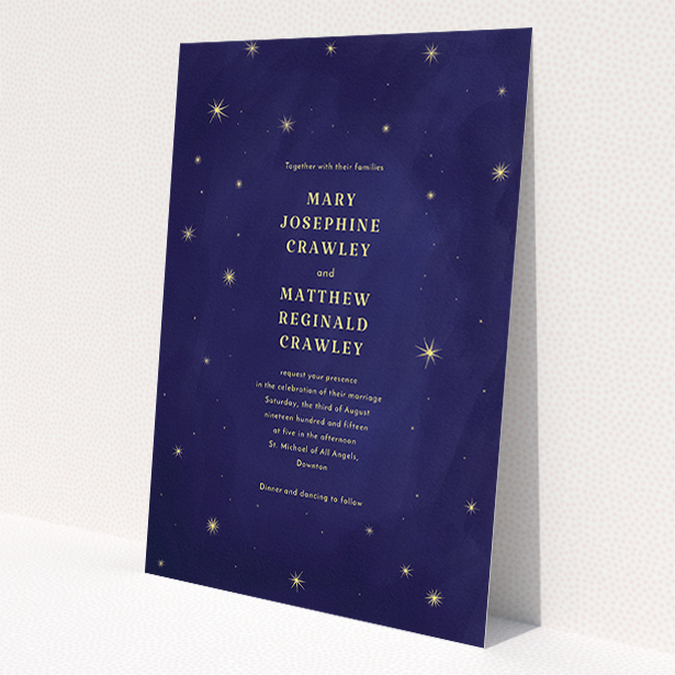 A wedding invite card called "Sky at night". It is an A5 invite in a portrait orientation. "Sky at night" is available as a flat invite, with tones of dark blue and yellow.