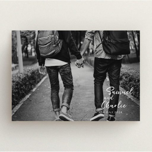 A wedding invite card design called "Soho Script". It is an A5 invite in a landscape orientation. It is a photographic wedding invite card with room for 1 photo. "Soho Script" is available as a flat invite, with mainly white colouring.