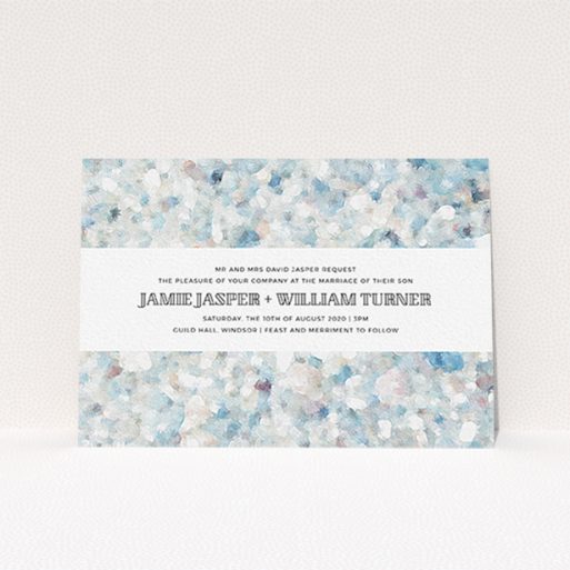 A wedding invite card design titled "Speckled Oils". It is an A6 invite in a landscape orientation. "Speckled Oils" is available as a flat invite, with tones of light blue, light grey and white.