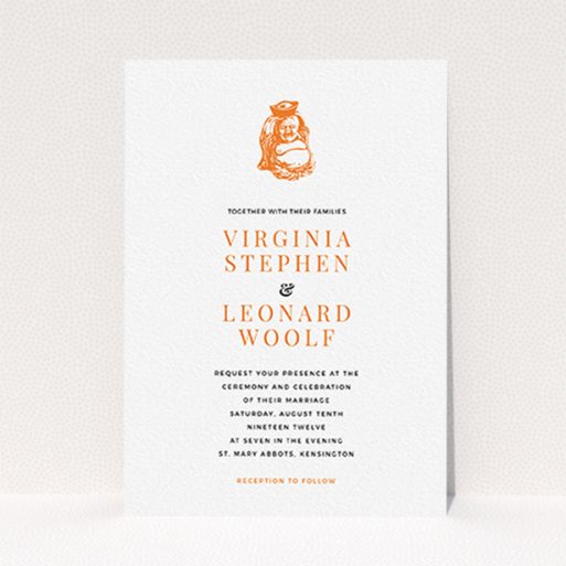A wedding invite card design titled "Spiritual orange". It is an A6 invite in a portrait orientation. "Spiritual orange" is available as a flat invite, with tones of white and orange.