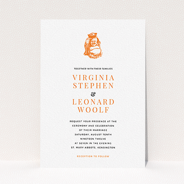 A wedding invite card design titled "Spiritual orange". It is an A6 invite in a portrait orientation. "Spiritual orange" is available as a flat invite, with tones of white and orange.