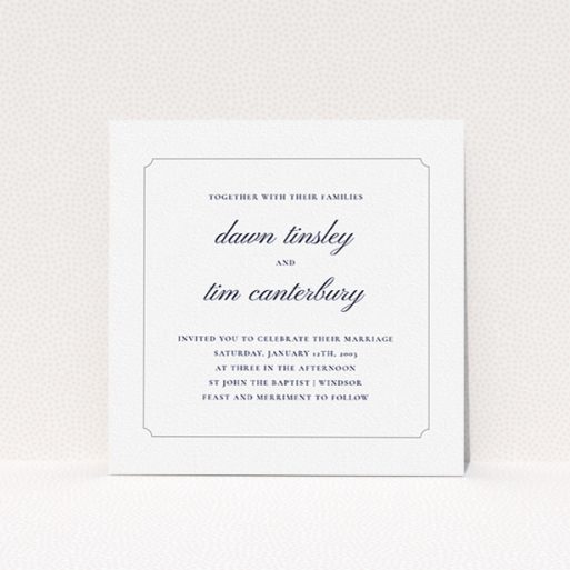 A wedding invite card template titled "Square slant". It is a square (148mm x 148mm) invite in a square orientation. "Square slant" is available as a flat invite, with tones of white and grey.