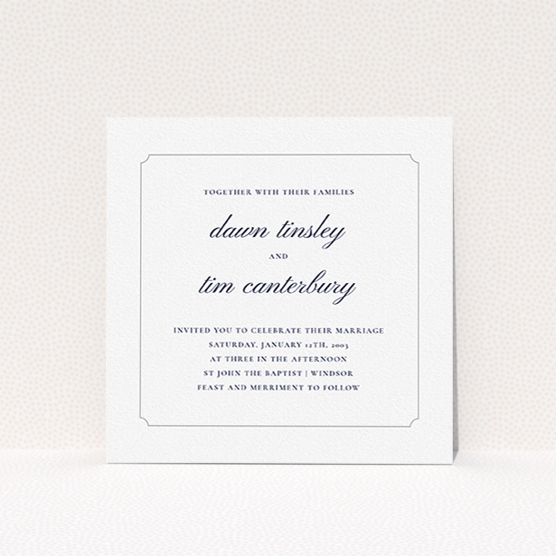 A wedding invite card template titled "Square slant". It is a square (148mm x 148mm) invite in a square orientation. "Square slant" is available as a flat invite, with tones of white and grey.