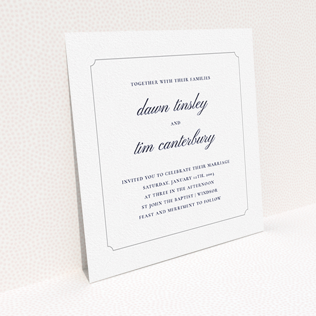 A wedding invite card template titled "Square slant". It is a square (148mm x 148mm) invite in a square orientation. "Square slant" is available as a flat invite, with tones of white and grey.