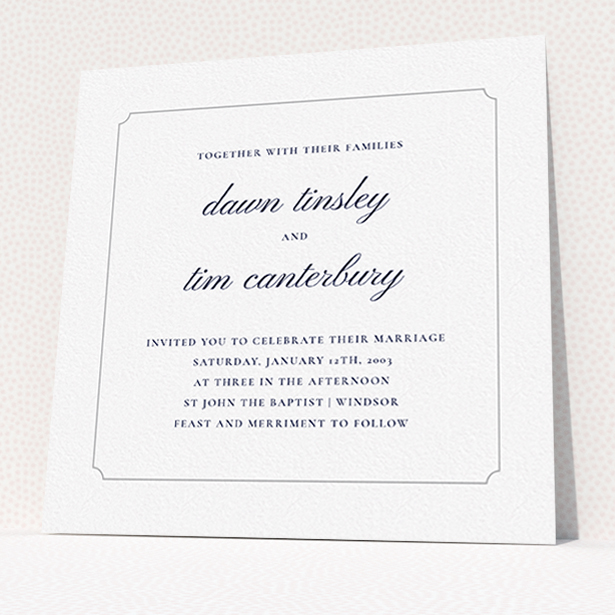 A wedding invite card template titled "Square slant". It is a square (148mm x 148mm) invite in a square orientation. "Square slant" is available as a flat invite, with tones of white and grey.