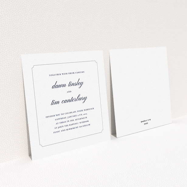 A wedding invite card template titled "Square slant". It is a square (148mm x 148mm) invite in a square orientation. "Square slant" is available as a flat invite, with tones of white and grey.
