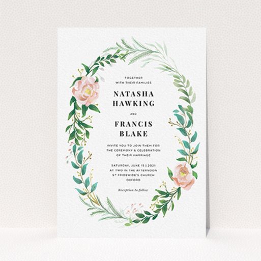A wedding invite card template titled "Summer Wreath Portrait". It is an A6 invite in a portrait orientation. "Summer Wreath Portrait" is available as a flat invite, with tones of white, light green and pink.