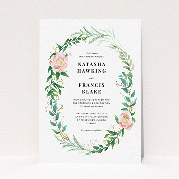 A wedding invite card template titled "Summer Wreath Portrait". It is an A6 invite in a portrait orientation. "Summer Wreath Portrait" is available as a flat invite, with tones of white, light green and pink.