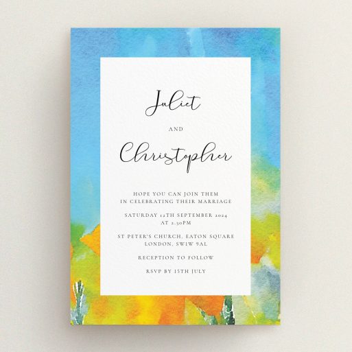 A wedding invite card design titled "Sunny Meadow". It is an A5 invite in a portrait orientation. "Sunny Meadow" is available as a flat invite, with tones of blue, yellow and orange.