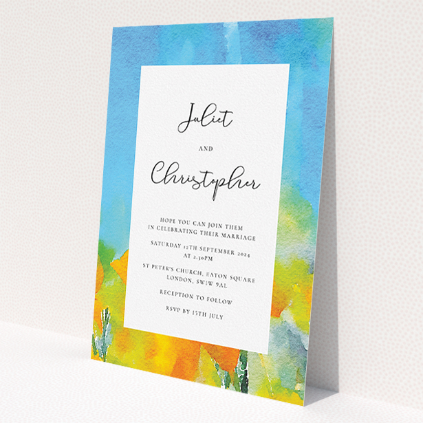 A wedding invite card design titled "Sunny Meadow". It is an A5 invite in a portrait orientation. "Sunny Meadow" is available as a flat invite, with tones of blue, yellow and orange.
