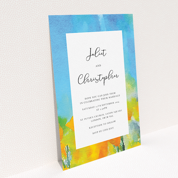 A wedding invite card design titled "Sunny Meadow". It is an A5 invite in a portrait orientation. "Sunny Meadow" is available as a flat invite, with tones of blue, yellow and orange.