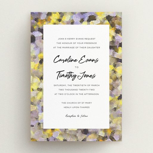 A wedding invite card named "Sunrise Oils". It is an A5 invite in a portrait orientation. "Sunrise Oils" is available as a flat invite, with tones of yellow, light purple and grey.