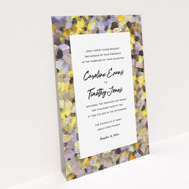 A wedding invite card named "Sunrise Oils". It is an A5 invite in a portrait orientation. "Sunrise Oils" is available as a flat invite, with tones of yellow, light purple and grey.