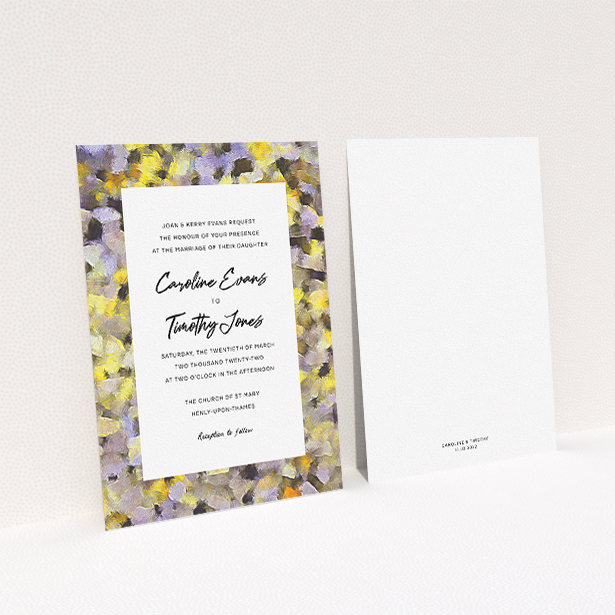 A wedding invite card named "Sunrise Oils". It is an A5 invite in a portrait orientation. "Sunrise Oils" is available as a flat invite, with tones of yellow, light purple and grey.