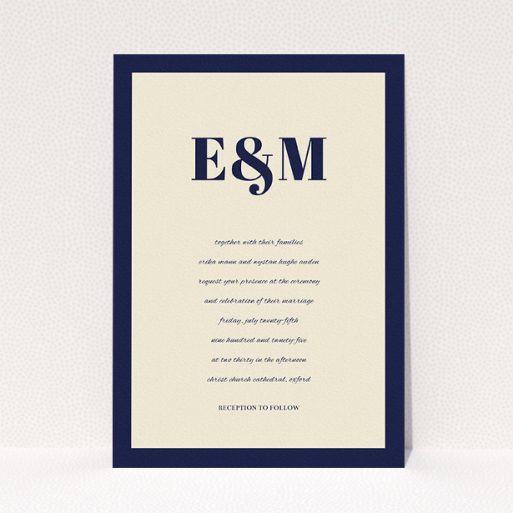 A wedding invite card design titled "Take on the sides". It is an A5 invite in a portrait orientation. "Take on the sides" is available as a flat invite, with tones of cream and navy blue.