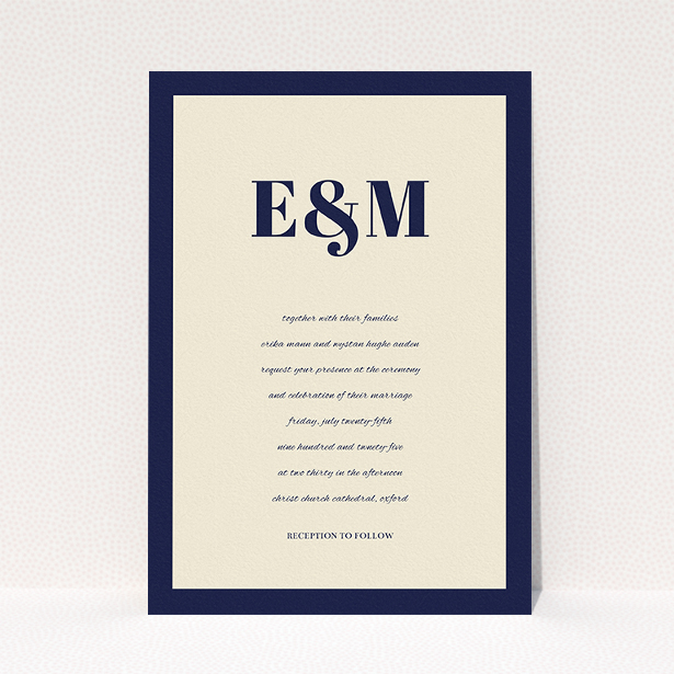 A wedding invite card design titled "Take on the sides". It is an A5 invite in a portrait orientation. "Take on the sides" is available as a flat invite, with tones of cream and navy blue.