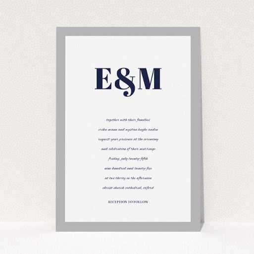 A wedding invite card design named "Take on the sides". It is an A5 invite in a portrait orientation. "Take on the sides" is available as a flat invite, with tones of grey and white.