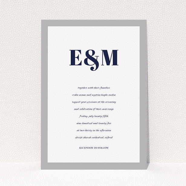 A wedding invite card design named "Take on the sides". It is an A5 invite in a portrait orientation. "Take on the sides" is available as a flat invite, with tones of grey and white.