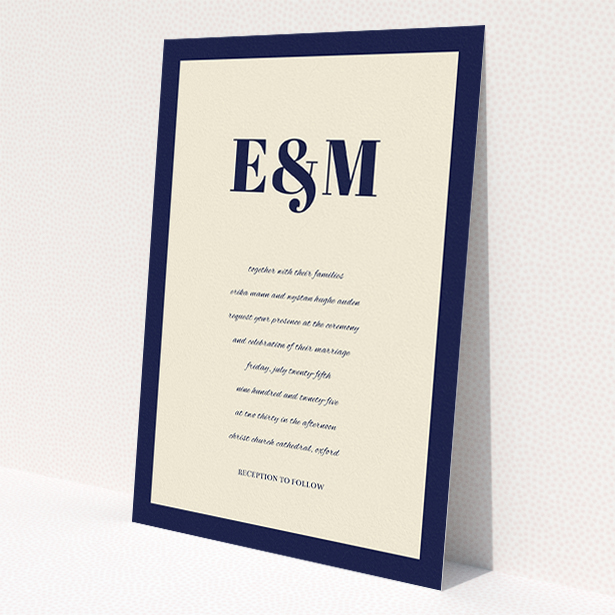 A wedding invite card design titled 'Take on the sides'. It is an A5 invite in a portrait orientation. 'Take on the sides' is available as a flat invite, with tones of cream and navy blue.