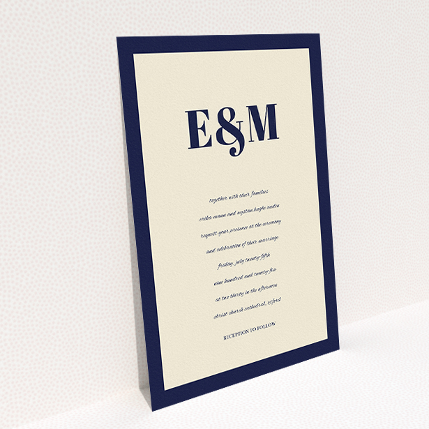 A wedding invite card design titled "Take on the sides". It is an A5 invite in a portrait orientation. "Take on the sides" is available as a flat invite, with tones of cream and navy blue.