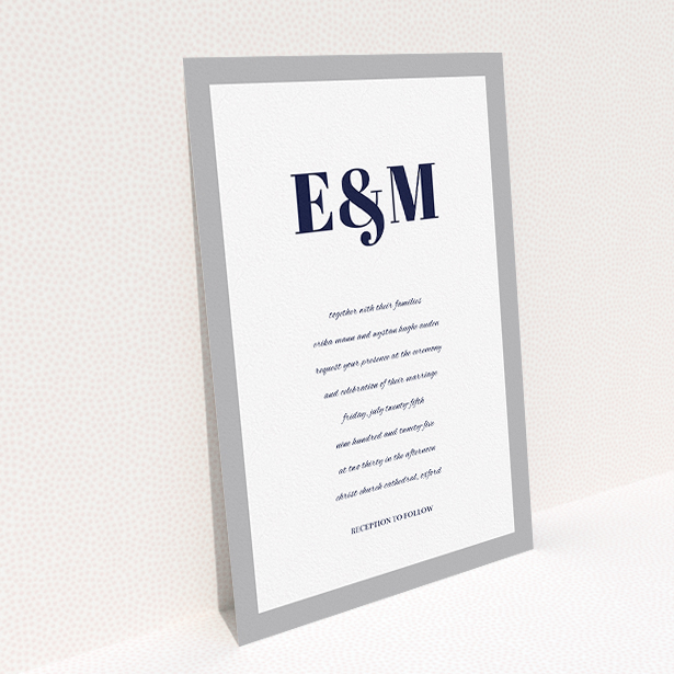 A wedding invite card design named "Take on the sides". It is an A5 invite in a portrait orientation. "Take on the sides" is available as a flat invite, with tones of grey and white.
