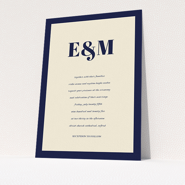 A wedding invite card design titled "Take on the sides". It is an A5 invite in a portrait orientation. "Take on the sides" is available as a flat invite, with tones of cream and navy blue.
