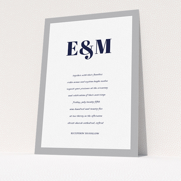 A wedding invite card design named "Take on the sides". It is an A5 invite in a portrait orientation. "Take on the sides" is available as a flat invite, with tones of grey and white.