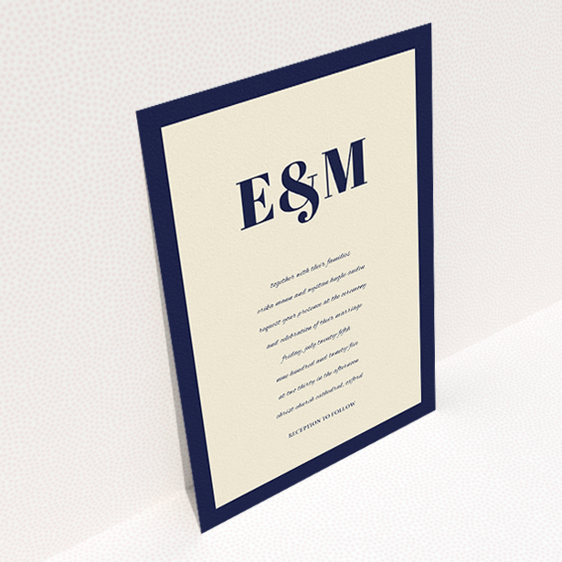 A wedding invite card design titled "Take on the sides". It is an A5 invite in a portrait orientation. "Take on the sides" is available as a flat invite, with tones of cream and navy blue.