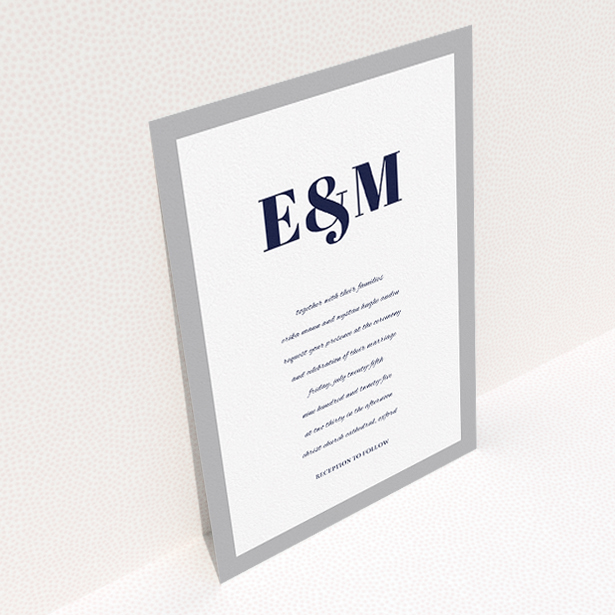 A wedding invite card design named "Take on the sides". It is an A5 invite in a portrait orientation. "Take on the sides" is available as a flat invite, with tones of grey and white.