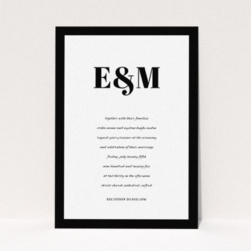 A wedding invite card design called "Take on the sides". It is an A6 invite in a portrait orientation. "Take on the sides" is available as a flat invite, with tones of black and white.