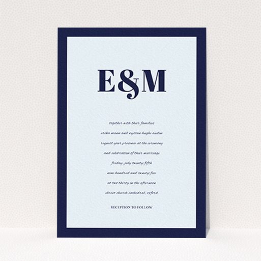 A wedding invite card design named "Take on the sides". It is an A6 invite in a portrait orientation. "Take on the sides" is available as a flat invite, with mainly blue colouring.