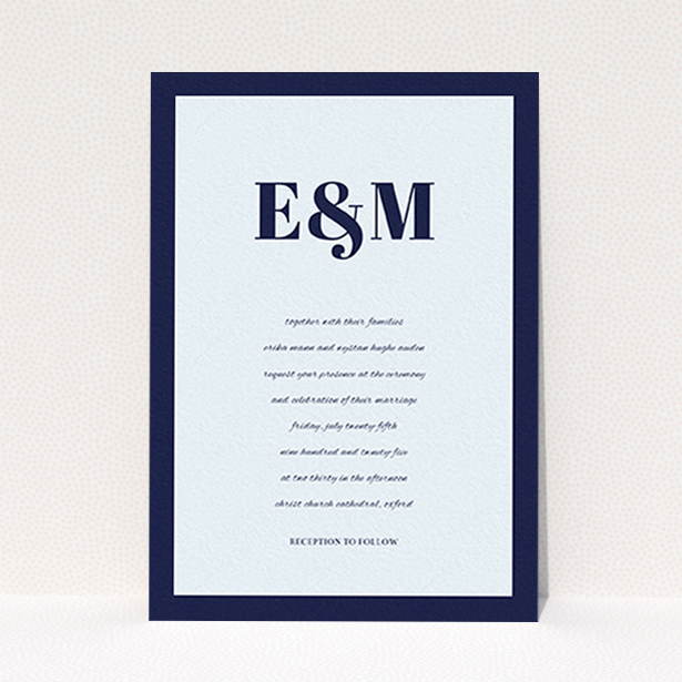 A wedding invite card design named "Take on the sides". It is an A6 invite in a portrait orientation. "Take on the sides" is available as a flat invite, with mainly blue colouring.