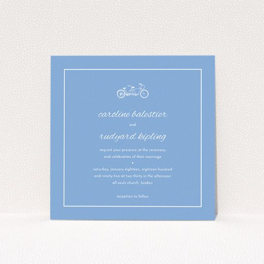 A wedding invite card design named "Tandem sheet". It is a square (148mm x 148mm) invite in a square orientation. "Tandem sheet" is available as a flat invite, with tones of blue and white.