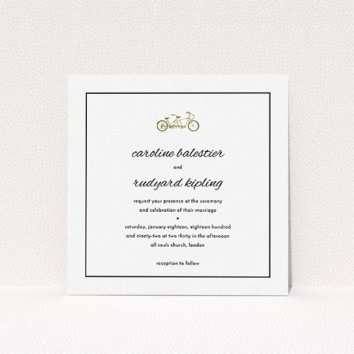 A wedding invite card template titled "Tandem sheet". It is a square (148mm x 148mm) invite in a square orientation. "Tandem sheet" is available as a flat invite, with mainly gold colouring.