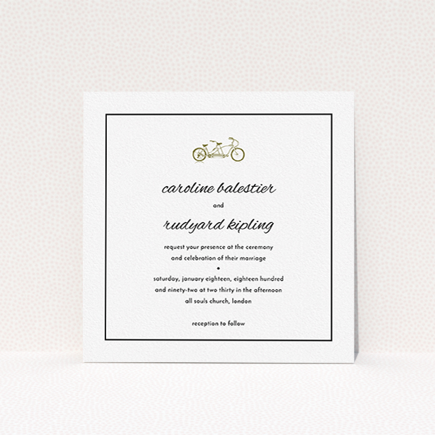 A wedding invite card template titled "Tandem sheet". It is a square (148mm x 148mm) invite in a square orientation. "Tandem sheet" is available as a flat invite, with mainly gold colouring.