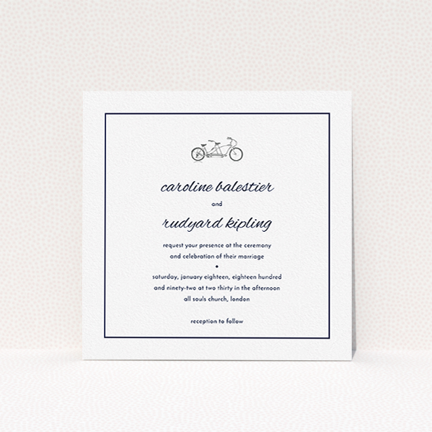 A wedding invite card named "Tandem sheet". It is a square (148mm x 148mm) invite in a square orientation. "Tandem sheet" is available as a flat invite, with mainly white colouring.