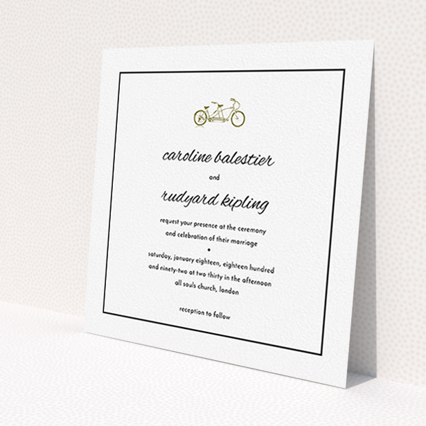 A wedding invite card template titled 'Tandem sheet'. It is a square (148mm x 148mm) invite in a square orientation. 'Tandem sheet' is available as a flat invite, with mainly gold colouring.