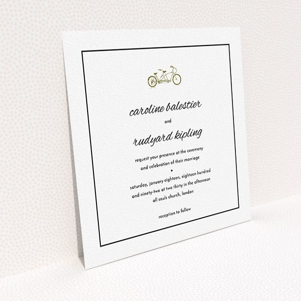 A wedding invite card template titled "Tandem sheet". It is a square (148mm x 148mm) invite in a square orientation. "Tandem sheet" is available as a flat invite, with mainly gold colouring.