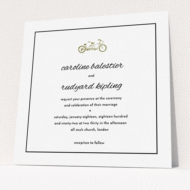 A wedding invite card template titled "Tandem sheet". It is a square (148mm x 148mm) invite in a square orientation. "Tandem sheet" is available as a flat invite, with mainly gold colouring.