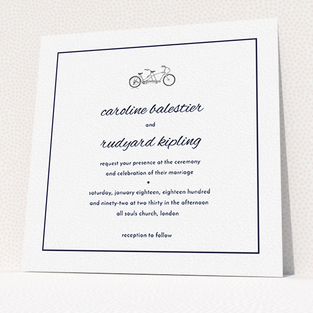 A wedding invite card named "Tandem sheet". It is a square (148mm x 148mm) invite in a square orientation. "Tandem sheet" is available as a flat invite, with mainly white colouring.