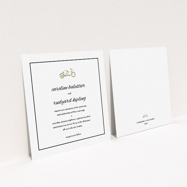 A wedding invite card template titled "Tandem sheet". It is a square (148mm x 148mm) invite in a square orientation. "Tandem sheet" is available as a flat invite, with mainly gold colouring.