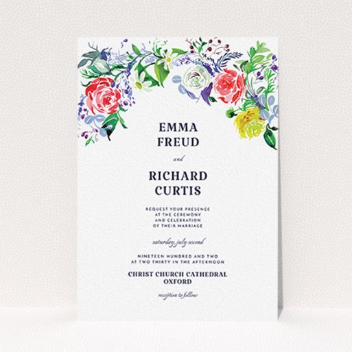 A wedding invite card called "The flowerbed". It is an A6 invite in a portrait orientation. "The flowerbed" is available as a flat invite, with mainly green colouring.