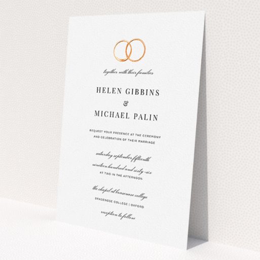 A wedding invite card named 'The newlyweds'. It is an A5 invite in a portrait orientation. 'The newlyweds' is available as a flat invite, with tones of white and gold.