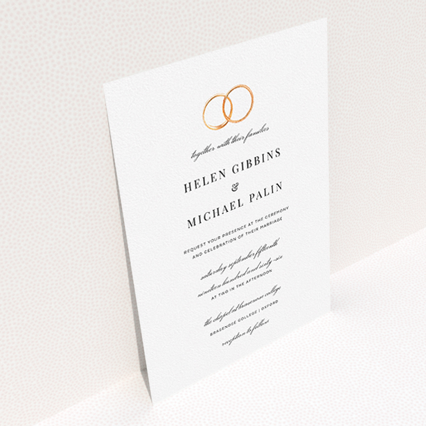 A wedding invite card named "The newlyweds". It is an A5 invite in a portrait orientation. "The newlyweds" is available as a flat invite, with tones of white and gold.