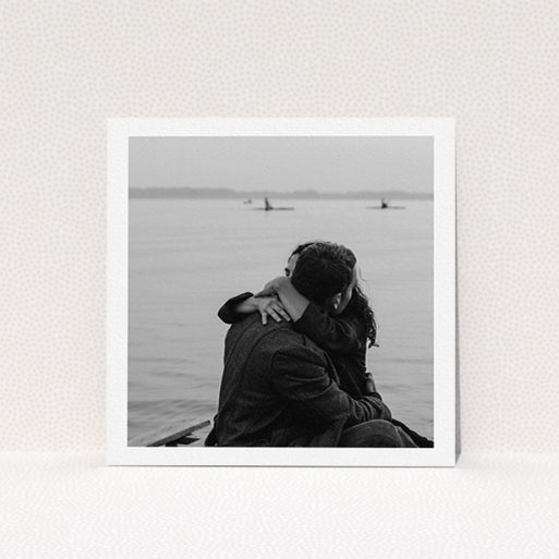 A wedding invite card design called "Thick White Framed Photo". It is a square (148mm x 148mm) invite in a square orientation. It is a photographic wedding invite card with room for 1 photo. "Thick White Framed Photo" is available as a flat invite.
