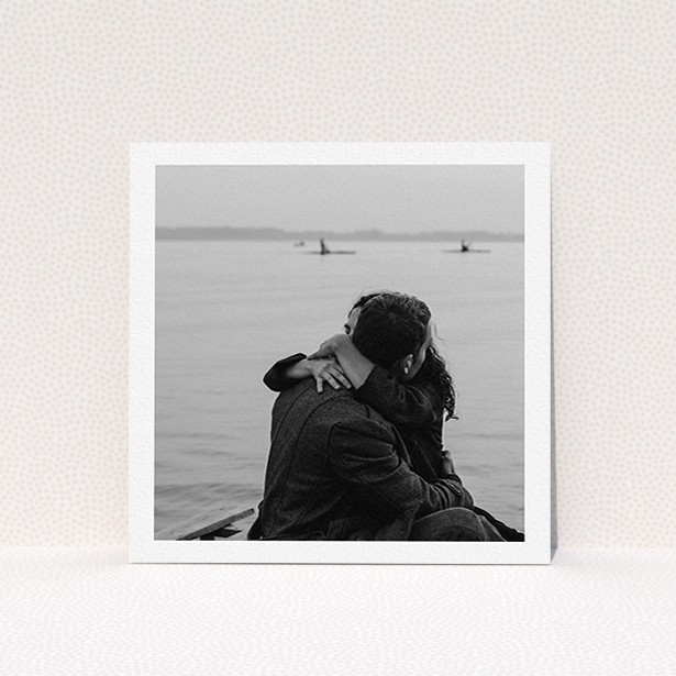 A wedding invite card design called "Thick White Framed Photo". It is a square (148mm x 148mm) invite in a square orientation. It is a photographic wedding invite card with room for 1 photo. "Thick White Framed Photo" is available as a flat invite.