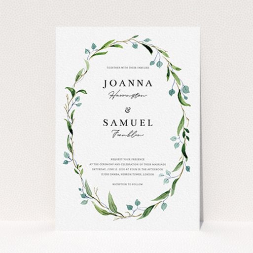 A wedding invite card called "Thin Watercolour Wreath". It is an A6 invite in a portrait orientation. "Thin Watercolour Wreath" is available as a flat invite, with tones of blue and green.
