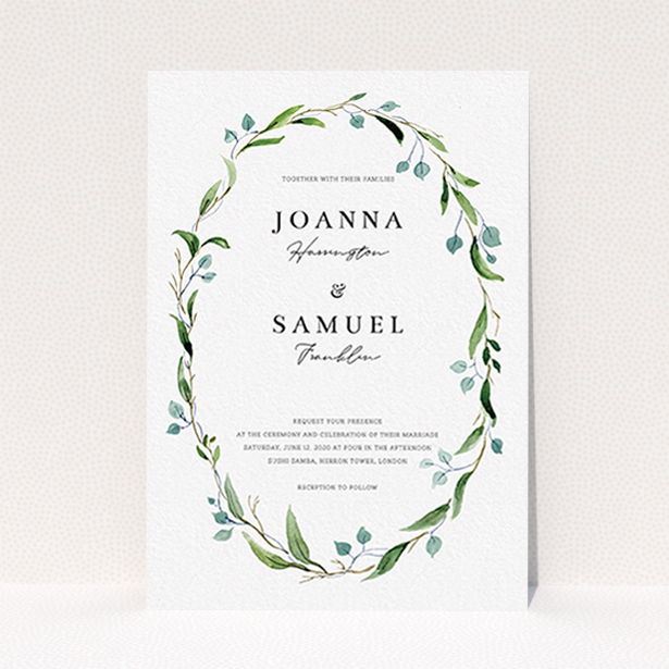 A wedding invite card called "Thin Watercolour Wreath". It is an A6 invite in a portrait orientation. "Thin Watercolour Wreath" is available as a flat invite, with tones of blue and green.